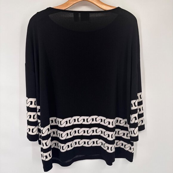 Chicos 2 Black knit Top  Gold Button Accents  Chain Print Hem Womens size Large - Picture 10 of 11